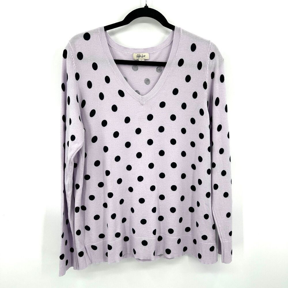 STYLE & CO. Lavender Purple Black Polka Dot V-Neck Cozy Sweater Size Large